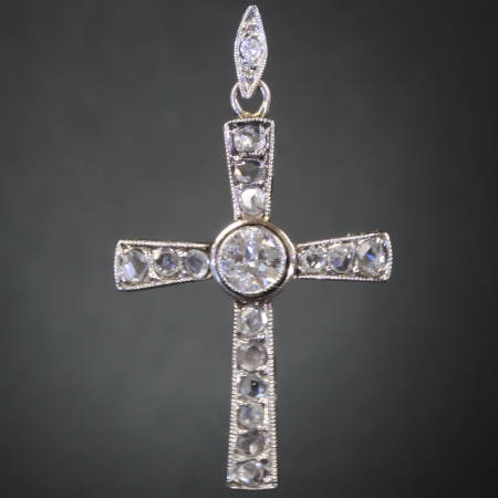 White gold Art deco diamond cross with old mine cut and rose cut diamonds